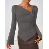 ZESICA Women’s Long Bell Sleeve Shirts 2026 Fall Going Out Asymmetrical Crop Tops Slim Fit Ribbed Ruched Y2K Clothes(Grey)