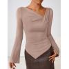 ZESICA Women’s Long Bell Sleeve Shirts 2026 Fall Going Out Asymmetrical Crop Tops Slim Fit Ribbed Ruched Y2K Clothes(Lightkhaki)