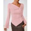 ZESICA Women’s Long Bell Sleeve Shirts 2026 Fall Going Out Asymmetrical Crop Tops Slim Fit Ribbed Ruched Y2K Clothes(Pink)