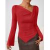 ZESICA Women’s Long Bell Sleeve Shirts 2026 Fall Going Out Asymmetrical Crop Tops Slim Fit Ribbed Ruched Y2K Clothes(Red)