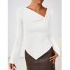 ZESICA Women’s Long Bell Sleeve Shirts 2026 Fall Going Out Asymmetrical Crop Tops Slim Fit Ribbed Ruched Y2K Clothes(White)