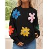 ZESICA Women’s Long Puff Sleeve Sweaters Casual Crewneck Ribbed Knit Flower Color Block Loose Pullover Tops(Black)