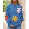 ZESICA Women’s Long Puff Sleeve Sweaters Casual Crewneck Ribbed Knit Flower Color Block Loose Pullover Tops(Blue)