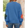 ZESICA Women’s Long Puff Sleeve Sweaters Casual Crewneck Ribbed Knit Flower Color Block Loose Pullover Tops(Blue)