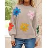ZESICA Women’s Long Puff Sleeve Sweaters Casual Crewneck Ribbed Knit Flower Color Block Loose Pullover Tops(Sand)