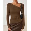 ZESICA Women’s Long Sleeve Asymmetrical Neck Ruched Slim Fit Shirts 2026 Fall Fashion Casual Tee Going Out Tops(Brown)