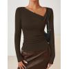 ZESICA Women’s Long Sleeve Asymmetrical Neck Ruched Slim Fit Shirts 2026 Fall Fashion Casual Tee Going Out Tops(Coffee Brown)
