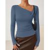 ZESICA Women’s Long Sleeve Asymmetrical Neck Ruched Slim Fit Shirts 2026 Fall Fashion Casual Tee Going Out Tops(Dusty Blue)