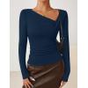 ZESICA Women’s Long Sleeve Asymmetrical Neck Ruched Slim Fit Shirts 2026 Fall Fashion Casual Tee Going Out Tops(Navy)