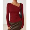 ZESICA Women’s Long Sleeve Asymmetrical Neck Ruched Slim Fit Shirts 2026 Fall Fashion Casual Tee Going Out Tops(Red)