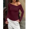 ZESICA Women’s Long Sleeve Asymmetrical Neck Ruched Slim Fit Shirts 2026 Fall Fashion Casual Tee Going Out Tops(Wine Red)