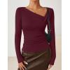 ZESICA Women’s Long Sleeve Asymmetrical Neck Ruched Slim Fit Shirts 2026 Fall Fashion Casual Tee Going Out Tops(Wine Red)
