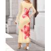 ZESICA Women’s Long Sleeve Floral Maxi Dress 2026 Fall Off Shoulder Bodycon Ruched Mesh Cocktail Wedding Guest Dresses(Apricot)