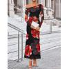 ZESICA Women’s Long Sleeve Floral Maxi Dress 2026 Fall Off Shoulder Bodycon Ruched Mesh Cocktail Wedding Guest Dresses(Black)