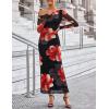 ZESICA Women’s Long Sleeve Floral Maxi Dress 2026 Fall Off Shoulder Bodycon Ruched Mesh Cocktail Wedding Guest Dresses(Black)