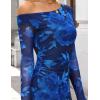 ZESICA Women’s Long Sleeve Floral Maxi Dress 2026 Fall Off Shoulder Bodycon Ruched Mesh Cocktail Wedding Guest Dresses(Blue)