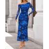 ZESICA Women’s Long Sleeve Floral Maxi Dress 2026 Fall Off Shoulder Bodycon Ruched Mesh Cocktail Wedding Guest Dresses(Blue)