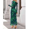 ZESICA Women’s Long Sleeve Floral Maxi Dress 2026 Fall Off Shoulder Bodycon Ruched Mesh Cocktail Wedding Guest Dresses(Green)