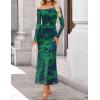 ZESICA Women’s Long Sleeve Floral Maxi Dress 2026 Fall Off Shoulder Bodycon Ruched Mesh Cocktail Wedding Guest Dresses(Green)