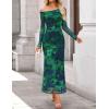 ZESICA Women’s Long Sleeve Floral Maxi Dress 2026 Fall Off Shoulder Bodycon Ruched Mesh Cocktail Wedding Guest Dresses(Green)