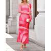 ZESICA Women’s Long Sleeve Floral Maxi Dress 2026 Fall Off Shoulder Bodycon Ruched Mesh Cocktail Wedding Guest Dresses(Pink)