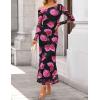 ZESICA Women’s Long Sleeve Floral Maxi Dress 2026 Fall Off Shoulder Bodycon Ruched Mesh Cocktail Wedding Guest Dresses(Purple)
