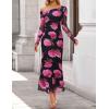 ZESICA Women’s Long Sleeve Floral Maxi Dress 2026 Fall Off Shoulder Bodycon Ruched Mesh Cocktail Wedding Guest Dresses(Purple)