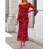 ZESICA Women’s Long Sleeve Floral Maxi Dress 2026 Fall Off Shoulder Bodycon Ruched Mesh Cocktail Wedding Guest Dresses(Red)