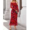 ZESICA Women’s Long Sleeve Floral Maxi Dress 2026 Fall Off Shoulder Bodycon Ruched Mesh Cocktail Wedding Guest Dresses(Red)