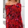 ZESICA Women’s Long Sleeve Floral Maxi Dress 2026 Fall Off Shoulder Bodycon Ruched Mesh Cocktail Wedding Guest Dresses(Red)