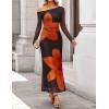 ZESICA Women’s Long Sleeve Floral Maxi Dress 2026 Fall Off Shoulder Bodycon Ruched Mesh Cocktail Wedding Guest Dresses(Tangerine)