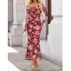 ZESICA Women’s Long Sleeve Floral Maxi Dress 2026 Fall Off Shoulder Bodycon Ruched Mesh Cocktail Wedding Guest Dresses(Wine)