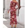 ZESICA Women’s Long Sleeve Floral Maxi Dress 2026 Fall Off Shoulder Bodycon Ruched Mesh Cocktail Wedding Guest Dresses(Wine)