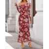 ZESICA Women’s Long Sleeve Floral Maxi Dress 2026 Fall Off Shoulder Bodycon Ruched Mesh Cocktail Wedding Guest Dresses(Wine)