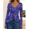 ZESICA Women’s Long Sleeve Floral Shirts V Neck Going Out Ruffle Tops Blouses 2026 Fall Fashion Clothes Outfits(Blue)