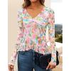 ZESICA Women’s Long Sleeve Floral Shirts V Neck Going Out Ruffle Tops Blouses 2026 Fall Fashion Clothes Outfits(Pinkgreen)