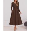 ZESICA Women’s Long Sleeve Midi Dresses 2026 Spring Elegant Crewneck Swing A Line Wedding Guest Party Dress with Pockets(Brown)
