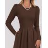 ZESICA Women’s Long Sleeve Midi Dresses 2026 Spring Elegant Crewneck Swing A Line Wedding Guest Party Dress with Pockets(Brown)