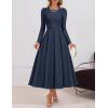 ZESICA Women’s Long Sleeve Midi Dresses 2026 Spring Elegant Crewneck Swing A Line Wedding Guest Party Dress with Pockets(Navy)