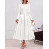 ZESICA Women’s Long Sleeve Midi Dresses 2026 Spring Elegant Crewneck Swing A Line Wedding Guest Party Dress with Pockets(White)