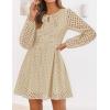 ZESICA Women’s Long Sleeve Mini Dress 2026 Fall Crewneck Tie Front Hollow Out Eyelet Babydoll A Line Short Dresses(Apricot)