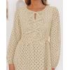 ZESICA Women’s Long Sleeve Mini Dress 2026 Fall Crewneck Tie Front Hollow Out Eyelet Babydoll A Line Short Dresses(Apricot)