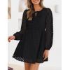 ZESICA Women’s Long Sleeve Mini Dress 2026 Fall Crewneck Tie Front Hollow Out Eyelet Babydoll A Line Short Dresses(Black)