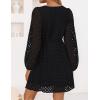 ZESICA Women’s Long Sleeve Mini Dress 2026 Fall Crewneck Tie Front Hollow Out Eyelet Babydoll A Line Short Dresses(Black)