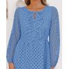 ZESICA Women’s Long Sleeve Mini Dress 2026 Fall Crewneck Tie Front Hollow Out Eyelet Babydoll A Line Short Dresses(Blue)