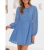 ZESICA Women’s Long Sleeve Mini Dress 2026 Fall Crewneck Tie Front Hollow Out Eyelet Babydoll A Line Short Dresses(Blue)