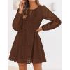 ZESICA Women’s Long Sleeve Mini Dress 2026 Fall Crewneck Tie Front Hollow Out Eyelet Babydoll A Line Short Dresses(Brown)