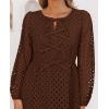 ZESICA Women’s Long Sleeve Mini Dress 2026 Fall Crewneck Tie Front Hollow Out Eyelet Babydoll A Line Short Dresses(Brown)