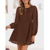 ZESICA Women’s Long Sleeve Mini Dress 2026 Fall Crewneck Tie Front Hollow Out Eyelet Babydoll A Line Short Dresses(Brown)