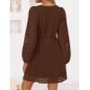 ZESICA Women’s Long Sleeve Mini Dress 2026 Fall Crewneck Tie Front Hollow Out Eyelet Babydoll A Line Short Dresses(Brown)